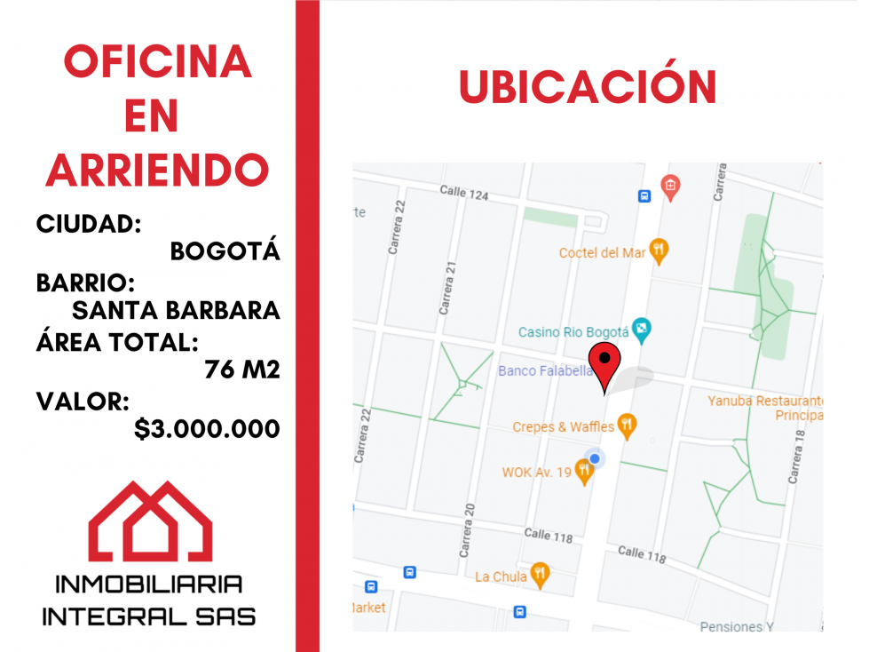 Oficina en Arrienda - Bogota - Santa Barbara - 76 m2