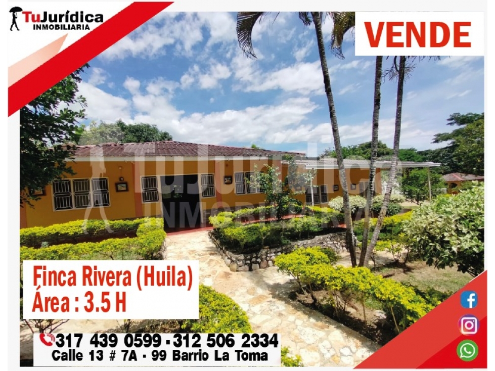 SE VENDE HERMOSA FINCA - BAJO PEDREGAL RIVERA (HUILA-COL)