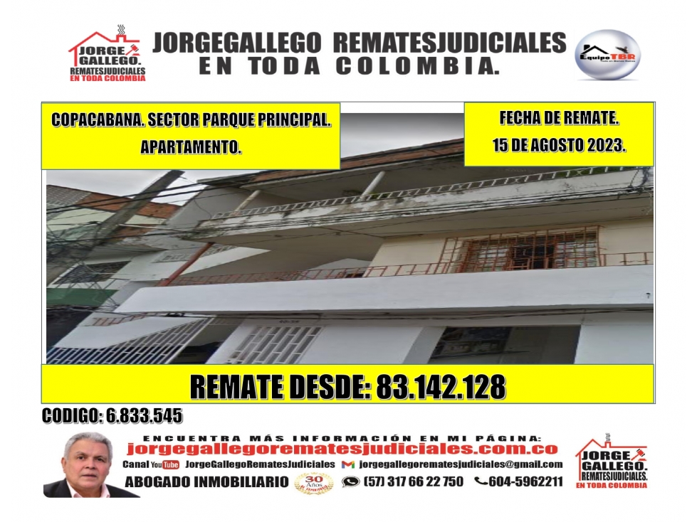 Remate. Copacabana. S.Parque Principal. Apartamento