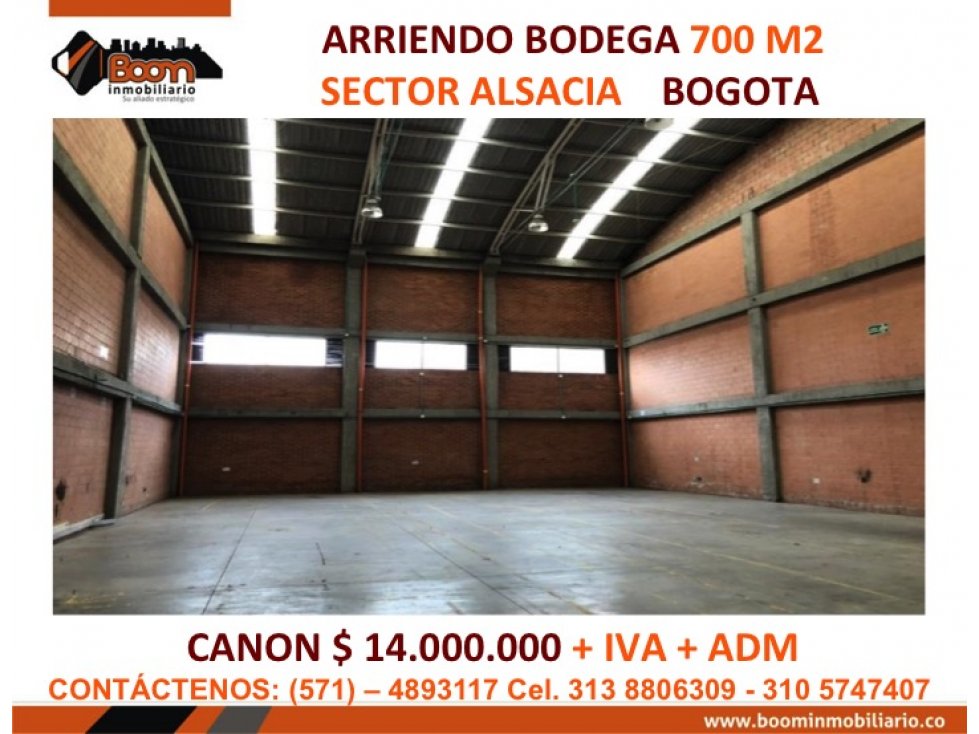 ARRIENDO BODEGA 700 M2       SECTOR ALSACIA    BOGOTA